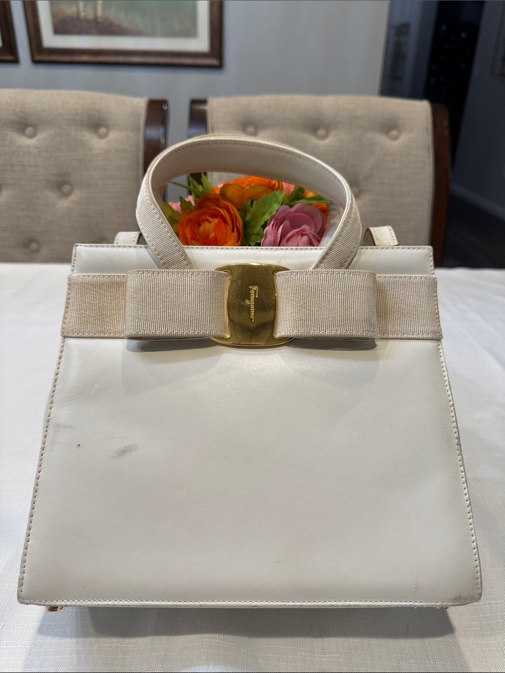 Authentic Salvatore Ferragamo Cream Leather Satchel